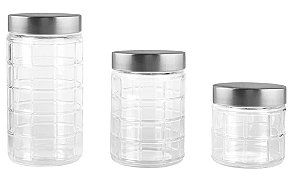 JG 3 PORTA MANTIMENTOS EM VIDRO COM TAMPA 880ML/1,2L/1,7L