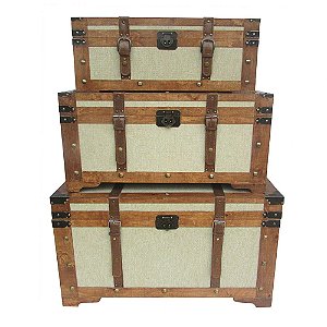 CJ  DE BAUS DE MADEIRA E METAL MARROM E BEGE  3PCS