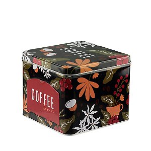LATA PORTA CÁPSULAS METAL COFFEE FLOWERS PRETO 15x15x12.5cm