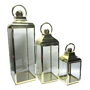 CJ DE LANTERNAS DE METAL E VIDRO DOURADAS 3 PCS G  24 X 24 X