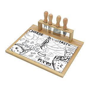 CJ BANDEJA BAMBU CERÂMICA C/4PC P/QUEIJO AÇO INOX 33x26,5
