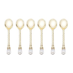 CJ 6 COLHERES P/CAFÉ DE ZAMAC DOURADA CRISTAL 11cm