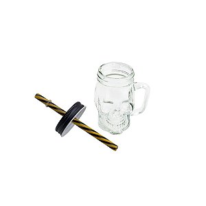 CANECA DE VIDRO C/TAMPA E CANUDO CAVEIRA ROCK STYLE 105ml