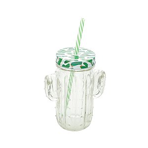 CANECA DE VIDRO C/TAMPA E CANUDO CACTOS VERDE 430ml