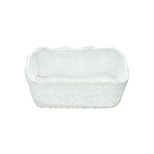CESTA PLÁSTICO C/FORRO  ALGODÃO CROCHÊ LICATE BRANCA 22x15x9