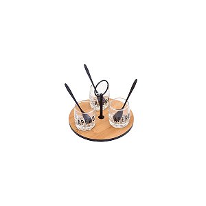 CJ BANDEJA BAMBU 3 MOLHEIRAS VIDRO 3 COLHERES AÇO INOX 16
