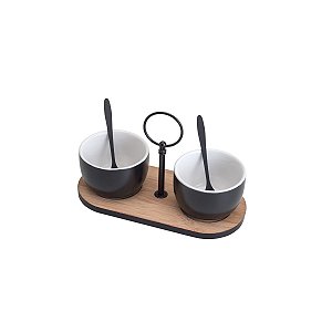CJ BANDEJA BAMBU 2 MOLHEIRAS 2 COLHERES AÇO INOX 20x9,5