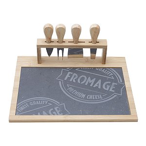 CJ BANDEJA ARDÓSIA C/SUPORTE BAMBU 4 PC P/QUEIJO AÇO INOX