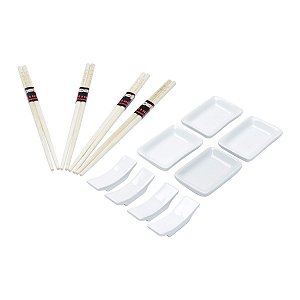 CJ ESTEIRA P/SUSHI 4 MOLHEIRAS CERÂMICA 4 PARES HASHI BAMBU