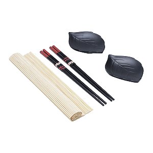 CJ ESTEIRA P/SUSHI BAMBU 2 MOLHEIRAS CERÂMICA 2 PARES HASHI