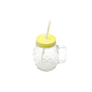 CANECA DE VIDRO C/TAMPA E CANUDO PINEAPPLE AMARELA 480ml