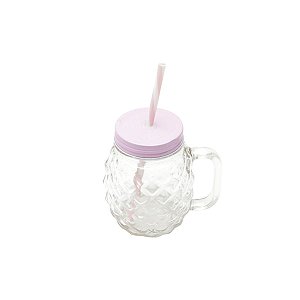 CANECA DE VIDRO C/TAMPA E CANUDO PINEAPPLE ROSA 480ml