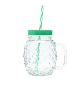 CANECA DE VIDRO C/TAMPA E CANUDO PINEAPPLE VERDE 480ml