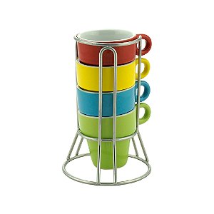CJ 4 XÍCARAS PORCELANA P/CAFÉ C/SUPORTE COLORIDAS 60ml