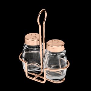 CJ 2PC SALEIRO E PIMENTEIRO DE VIDRO C/SUPORTE E TAMPA DE AÇO ROSÉ 11X6X14,5cm