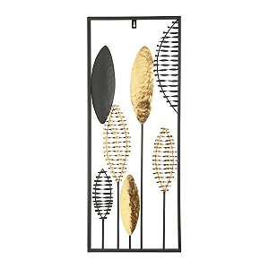 QUADRO DECORATIVO METAL FOLHAS PRETO/DOURADO 32x80cm