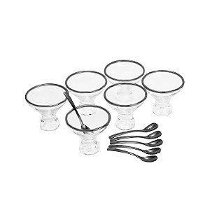 CJ 6 TAÇAS DE CRISTAL P/SOBREMESA C/6 COLHERES BLACK VEGA