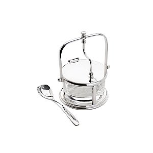 QUEIJEIRA DE VIDRO C/TAMPA ARTICULÁVEL E COLHER DE PRATA LISA 9x16cm