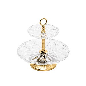 PRATO DUPLO DE CRISTAL P/DOCE C/PÉ E PUXADOR DOURADO LOUISE 30cm