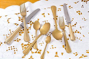 FAQUEIRO 130PC PVD DOURADO GENEVE COM C/ESTOJO DE MADEIRA