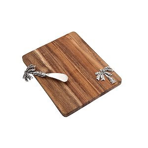 CJ TÁBUA DE MADEIRA RETANGULAR C/ESPÁTULA DE ZAMAC PALMEIRA PRATA 24X19X3cm