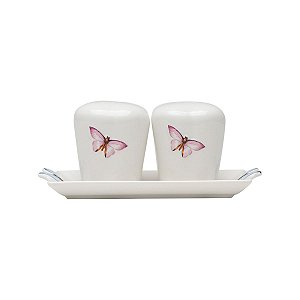 JOGO SALEIRO E PIMENTEIRO DE PORCELANA COM BANDEJA BORBOLETA
