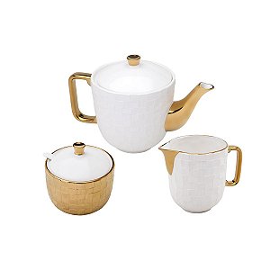 CJ 3 PC DE PORCELANA P/CHÁ AÇUCAREIRO BULE 900ml E LEITERA 300ml VERA GOLD