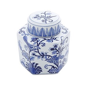 POTICHE ORNAMENTAL DE PORCELANA C/ TAMPA AZUL E BRANCO
