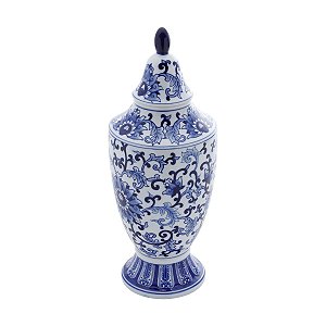 POTICHE ORNAMENTAL DE PORCELANA C/ TAMPA AZUL E BRANCO PERSA