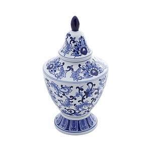 POTICHE ORNAMENTAL DE PORCELANA C/ TAMPA AZUL E BRANCO PERSA