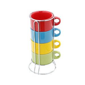 CJ. 4 XÍCARAS DE CHÁ DE PORCELANA 200ml COLORIDO C/ SUPORTE