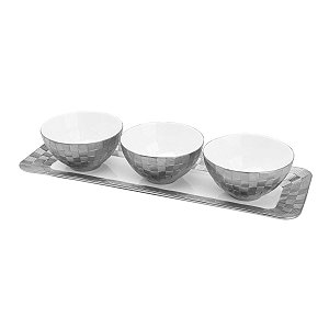 CJ 4 PCS BANDEJA E PETISQUEIRAS DE PORCELANA VERA SILVER 35X12X2cm
