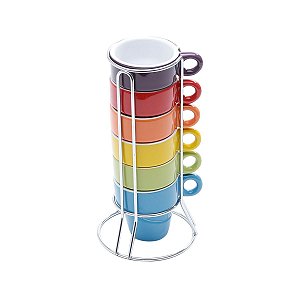 CJ. 6 XÍCARAS DE CAFÉ DE PORCELANA 60ml COLORIDO C/ SUPORTE