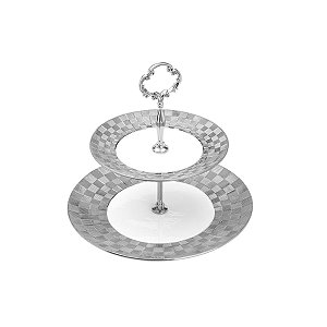 PORTA DOCES DUPLO DE PORCELANA VERA SILVER 26,5X3cm
