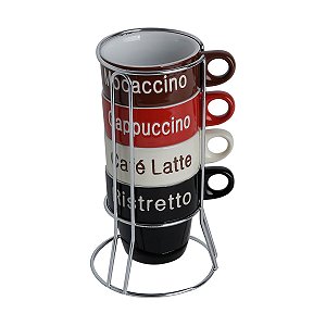 CJ. 4 XÍCARAS DE CAFÉ DE PORCELANA 220ml NAMES C/ SUPORTE
