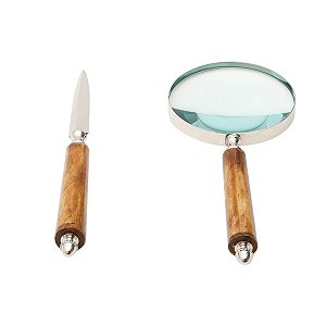 ABRIDOR DE CARTA E LUPA DE AÇO INOX CABO DE MADEIRA
