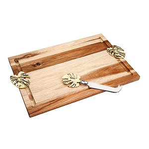 BANDEJA  DE MADEIRA C/FACA DE ZAMAC COSTELA DE ADÃO DOURADO 24X34cm