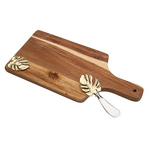 TÁBUA DE MADEIRA C/ESPÁTULA DE ZAMAC COSTELA DE ADÃO DOURADO 32X15cm