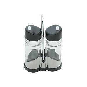 CJ 3 PC SALEIRO E PIMENTEIRO DE VIDRO C/TAMPA DE PLÁSTICO E SUPORTE DOANTELLO 8X4X12,5cm