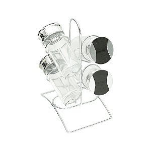 CJ 5 PC P/TEMPERO DE VIDRO C/TAMPA DE PLÁSTICO E SUPORTE DE METAL TINNO 14x10x20cm