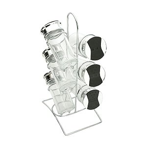 CJ 7 PC P/TEMPERO DE VIDRO C/TAMPA DE PLÁSTICO E SUPORTE DE METAL TINNO 14x10x29cm