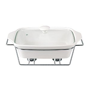 RECHAUD DE PORCELANA C/ TAMPA E ARAMADO 29CM BRANCO CANELADO