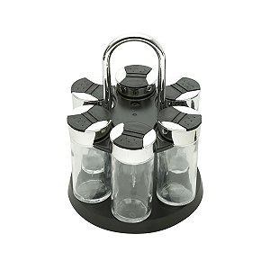 CJ 7 PC P/TEMPERO DE VIDRO C/TAMPA DE PLÁSTICO E BASE GIRATÓRIA PRETO LUIGI 15,5X20,5cm