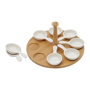 CJ 9 PCS 8 PETISQUEIRAS DE PORCELANA E 1 SUPORTE DE BAMBOO 25X25X13cm