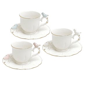 CJ 6 XÍCARAS DE PORCELANA P/CAFÉ BIRDS ROUND PLATE COLORIDO 100ml