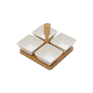 CJ 5 PCS 4 PETISQUEIRAS DE PORCELANA QUADRADAS E 1 SUPORTE DE BAMBOO 15X15X11,6cm