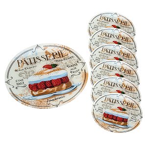 CJ 7 PCS P/SOBREMESA DE VIDRO 1 PRATO 30cm 6 PRATOS 17cm PATISSERIE COLORIDO