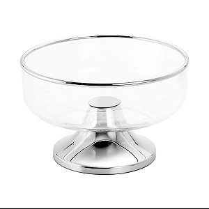 CENTRO DE MESA DE VIDRO C/PÉ E ARO DE AÇO INOX 25X16CM