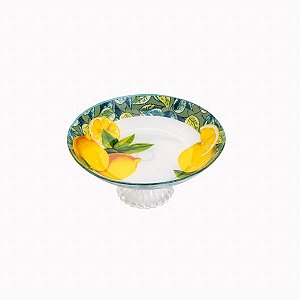 CENTRO DE MESA DECORATIVO DE VIDRO C/PÉ LEMONS AMARELO 26cm