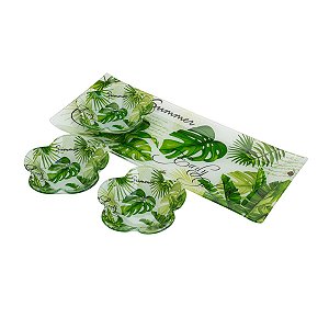 CJ 4 PCS 1 TRAVESSA E 3 BOWLS DE VIDRO LEAVES VERDE 38X15cm/11,5cm